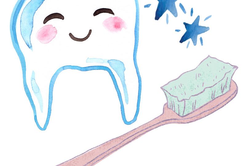 Watercolor illustration of a smiling, anthropomorphic tooth with shining stars next to it and a large pink toothbrush